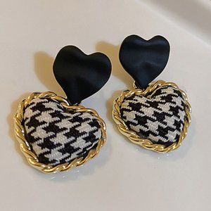 Black Houndstooth Heart Post Earrings